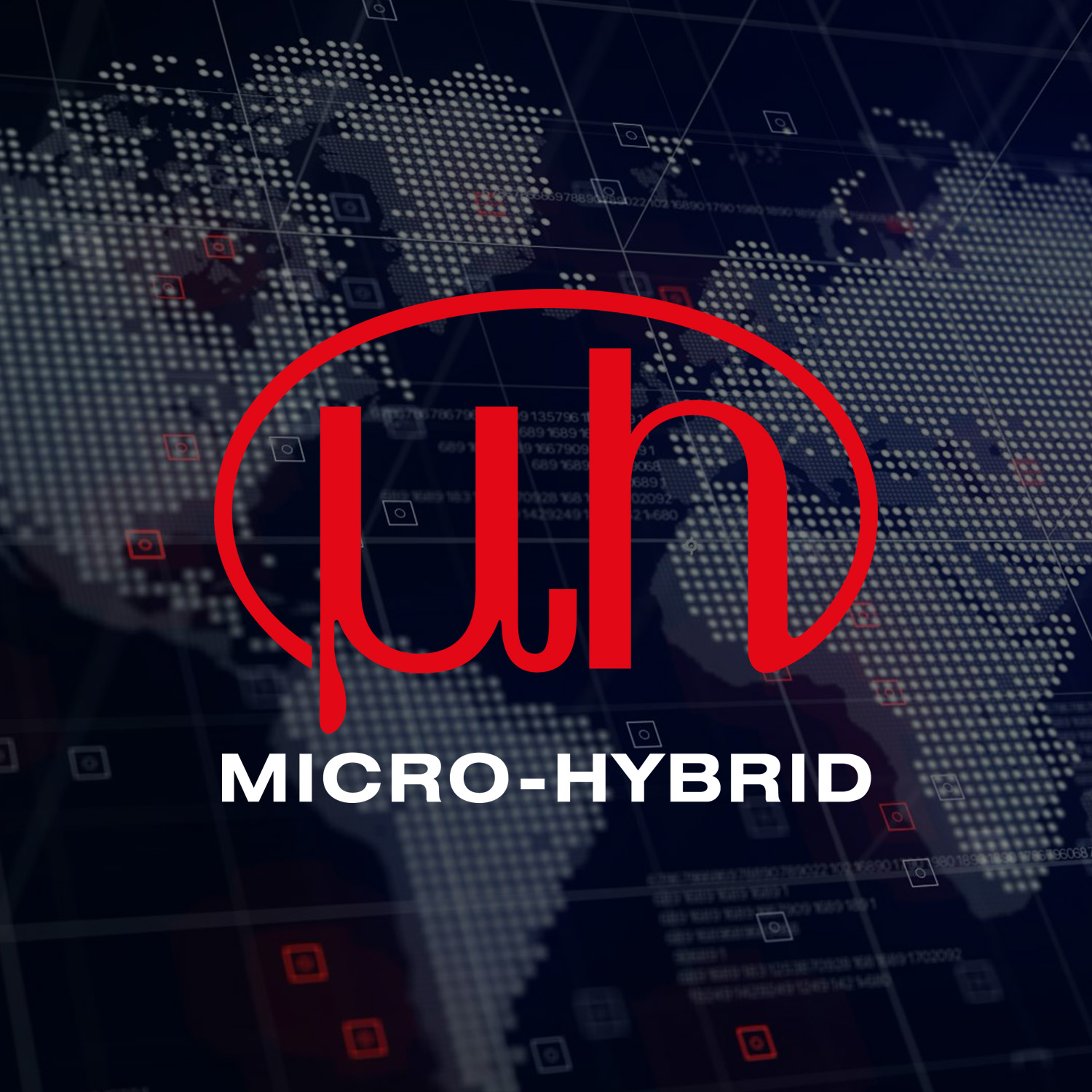 Logo der Micro-Hybrid im Hintergrund die Kontinente der Erde