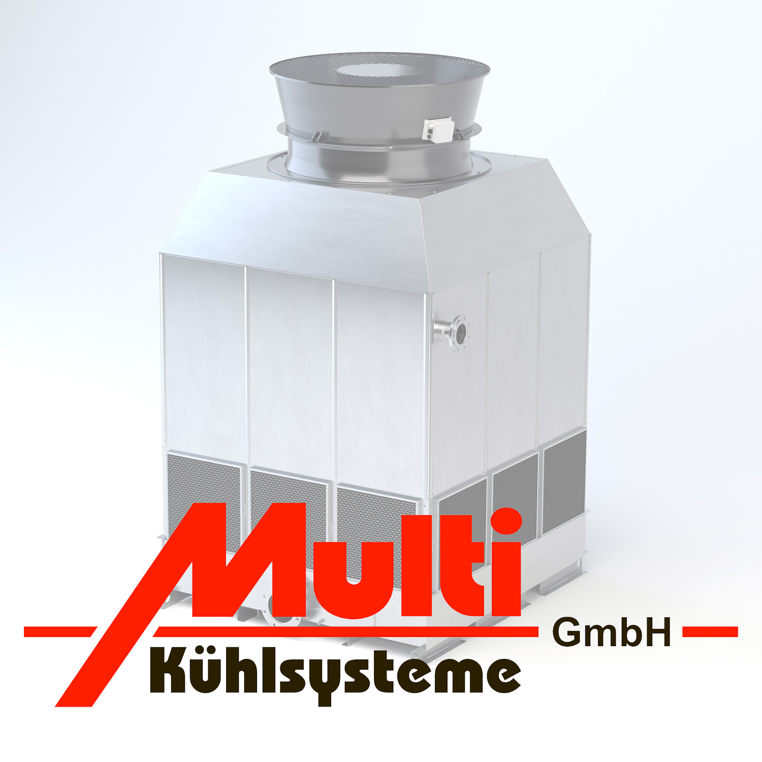 Multikuehl Logo und im Hintergrund ein Kühlturmrendering