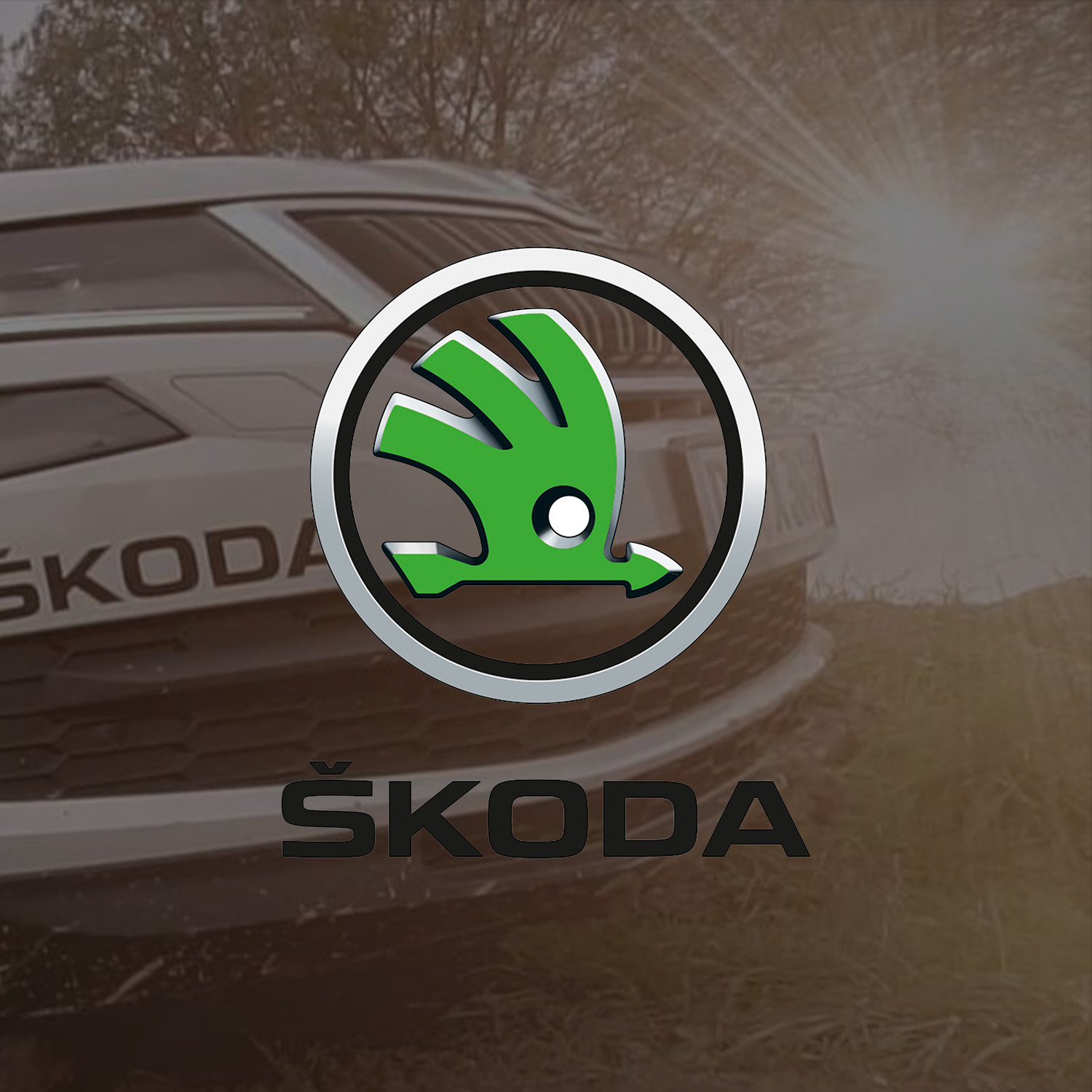 Logo Skoda mit Skoda Kodiak im Hintergrund